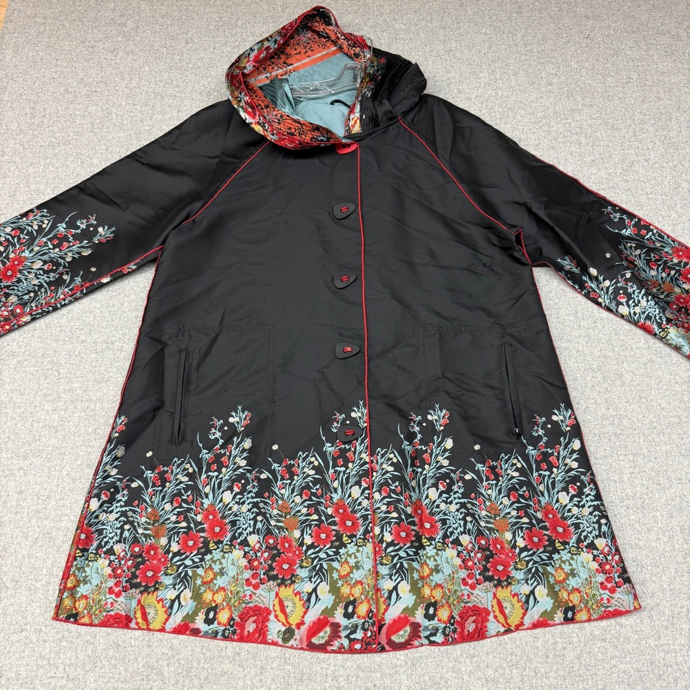 Paola Poggi Italy Floral Hooded Jacket Black Red Border Print Raincoat 1428B